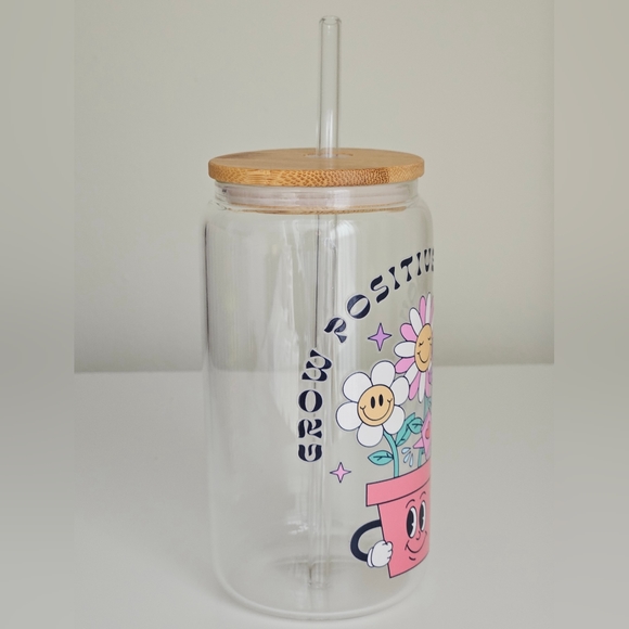 Grow Positive Thoughts 16oz Clear Beer Can Glass Cup - Picture 2 of 5